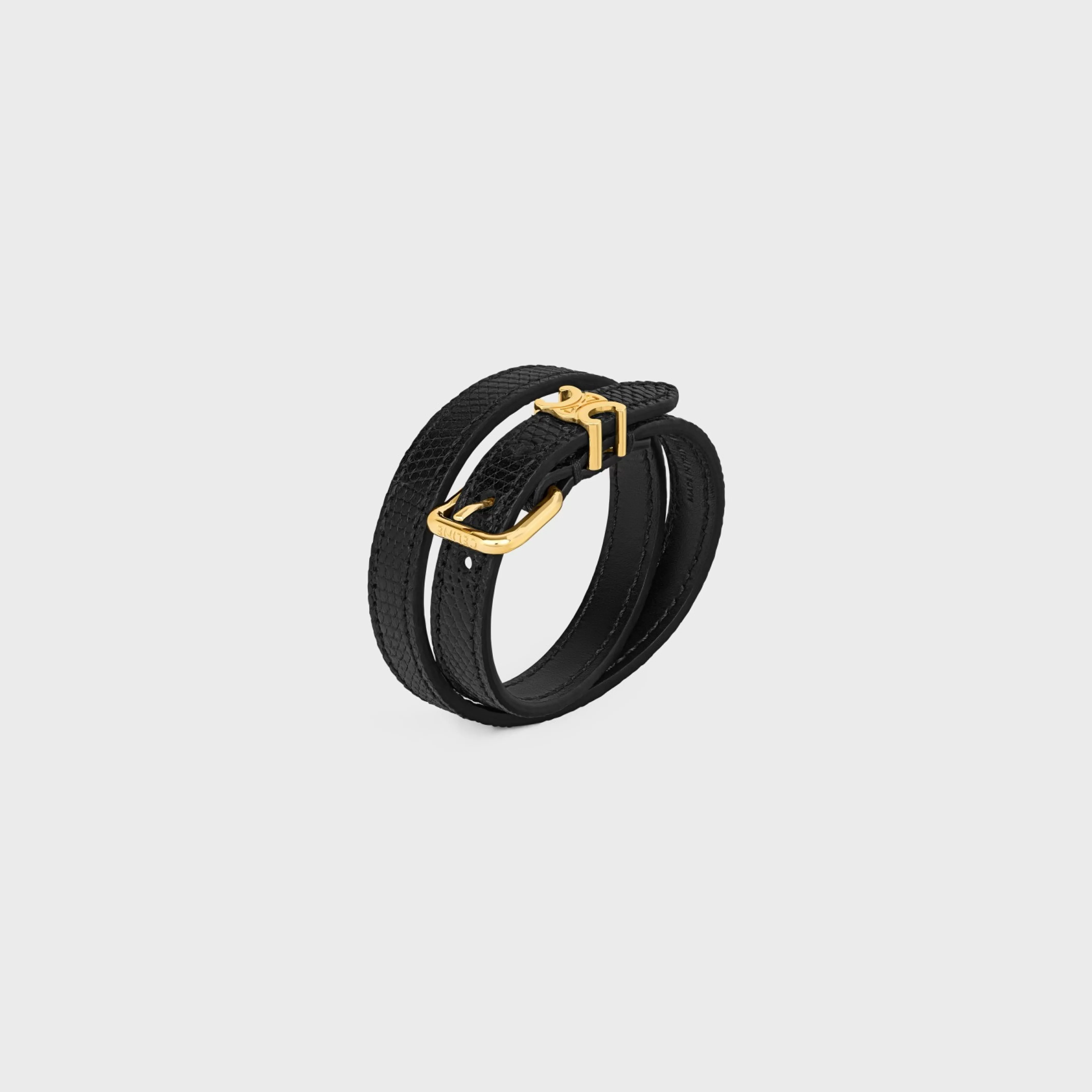 Les Cuirs Double Bracelet in Lizard, Calfskin and Brass with Gold Finish^CELINE Cheap